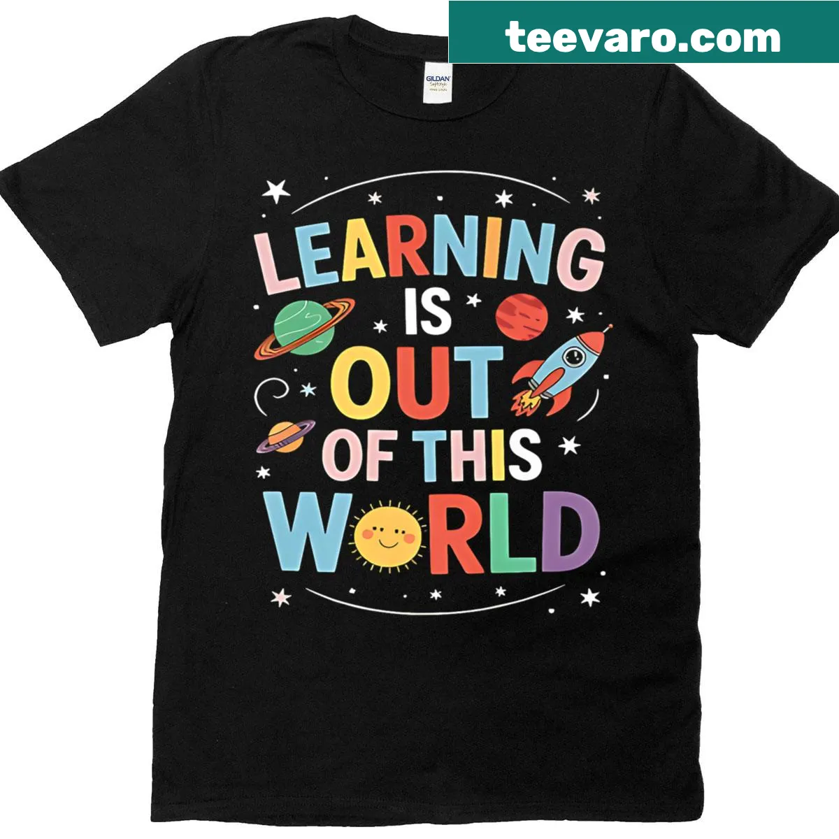 Inspirational solar system design T-shirt for science teachers — on a men's t-shirt