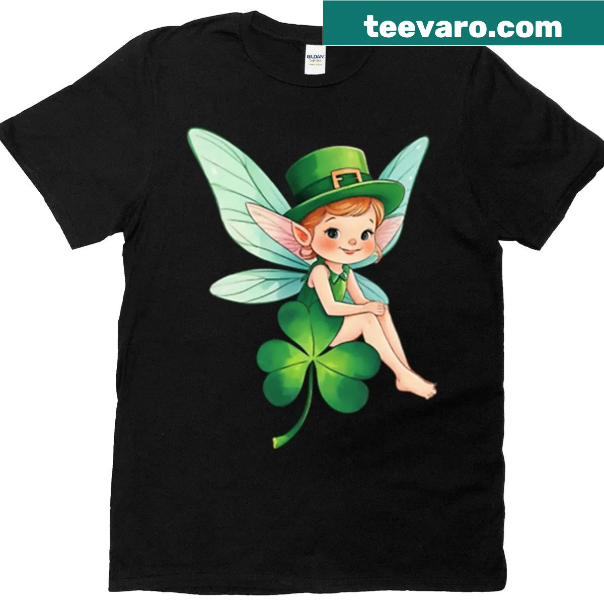Playful leprechaun and clover graphic t-shirt — on a men's t-shirt