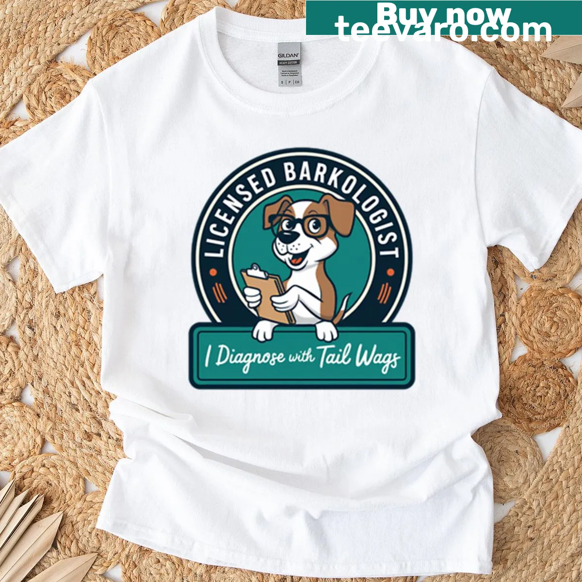 T-shirt featuring the phrase 'Licensed Barkologist' with playful dog graphics — on a men's t-shirt