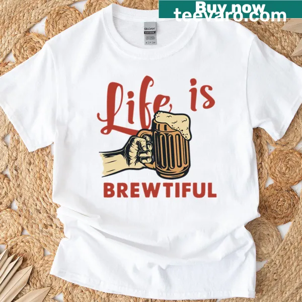 Funny beer quote t-shirt with illustration of a hand holding a beer