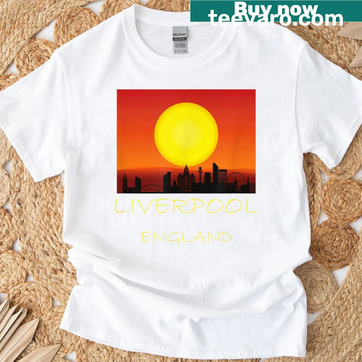 T-shirt featuring the Liverpool skyline illustration — on a men's t-shirt