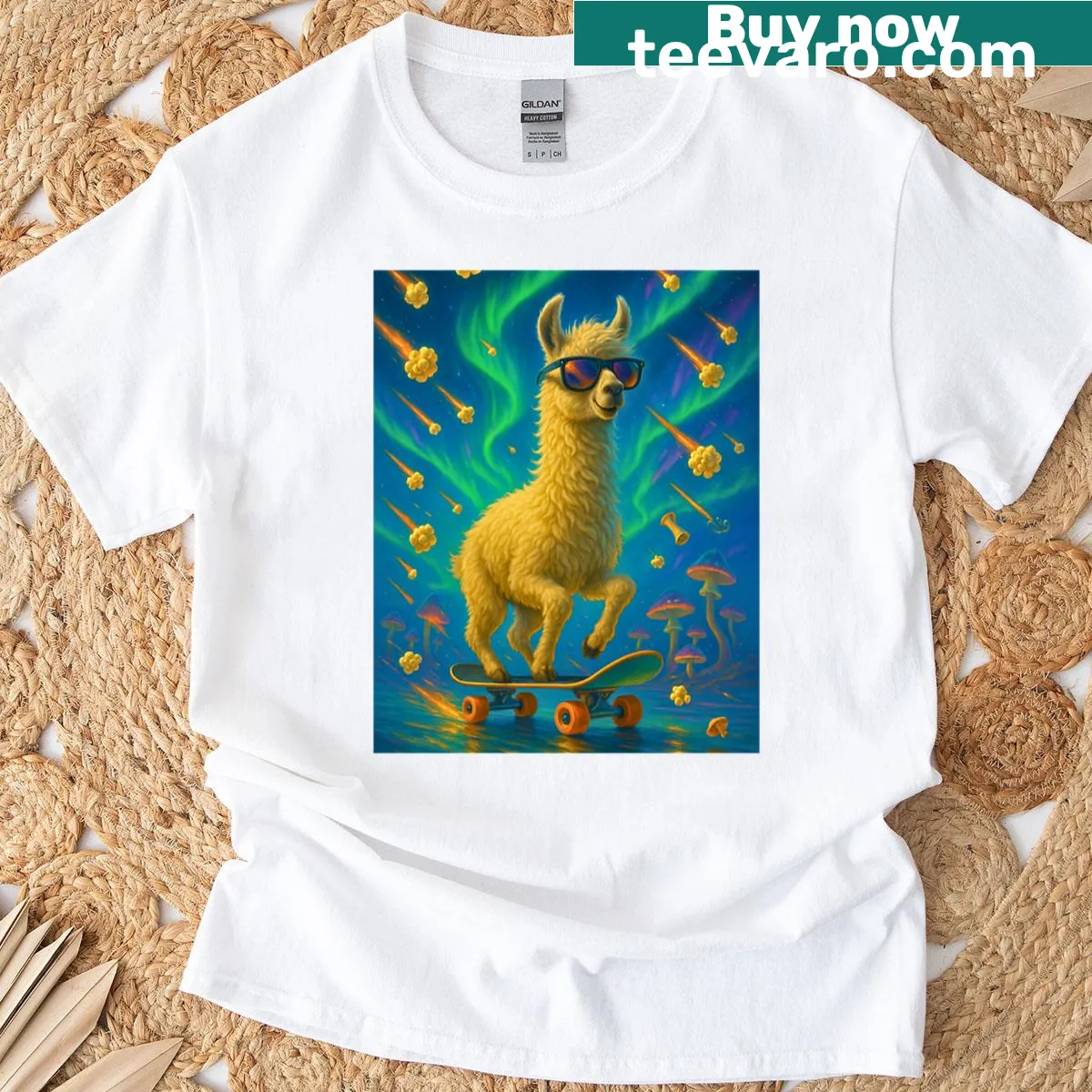 Whimsical t-shirt featuring a skateboard llama under a surreal sky — on a men's t-shirt