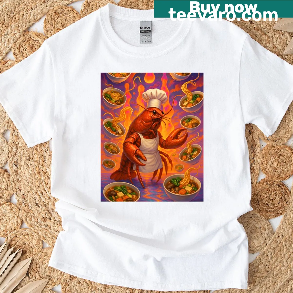 Illustration of a lobster chef making ramen under a surreal sky. — on a men's t-shirt