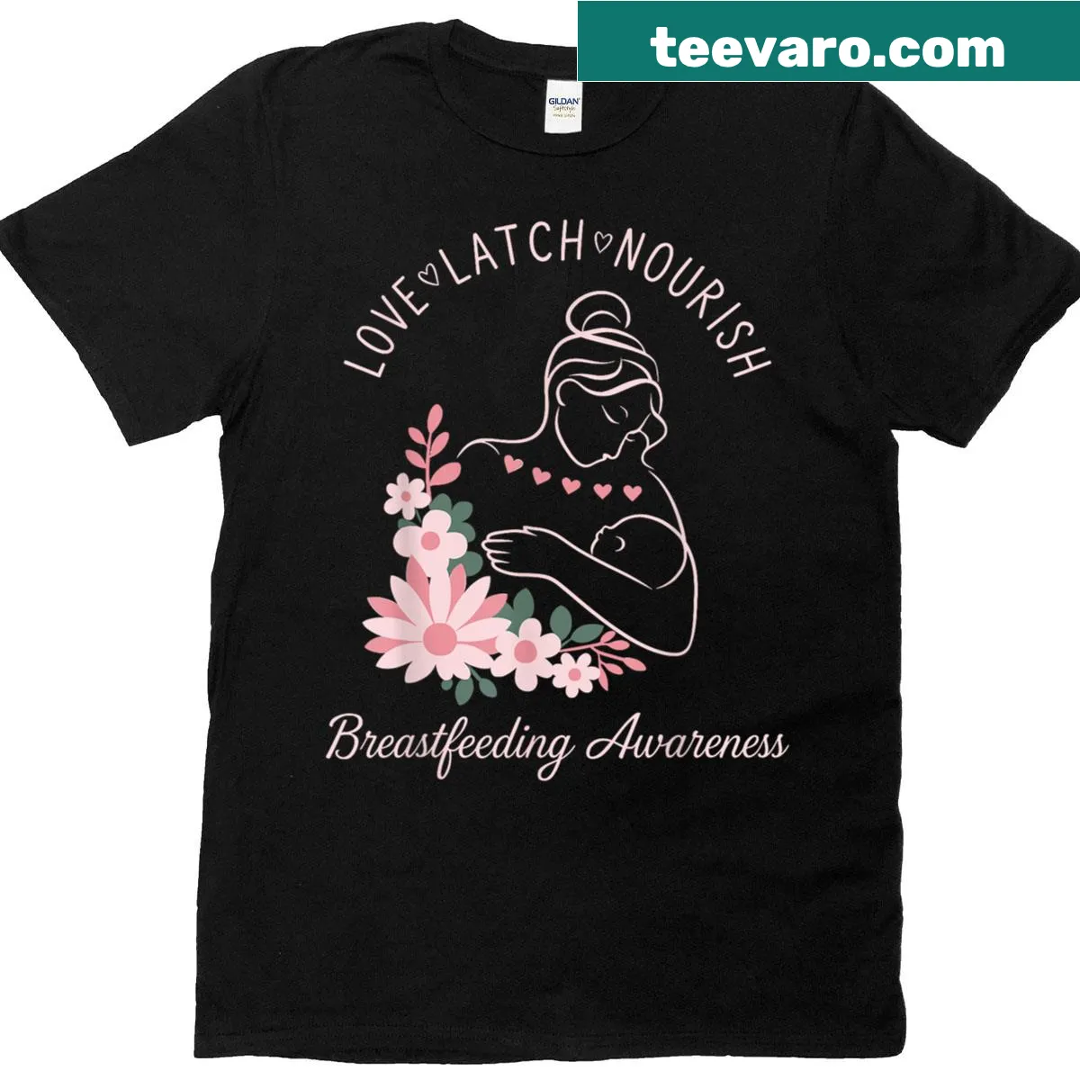 Breastfeeding awareness t-shirt with 'Love Latch Nourish' design — on a men's t-shirt