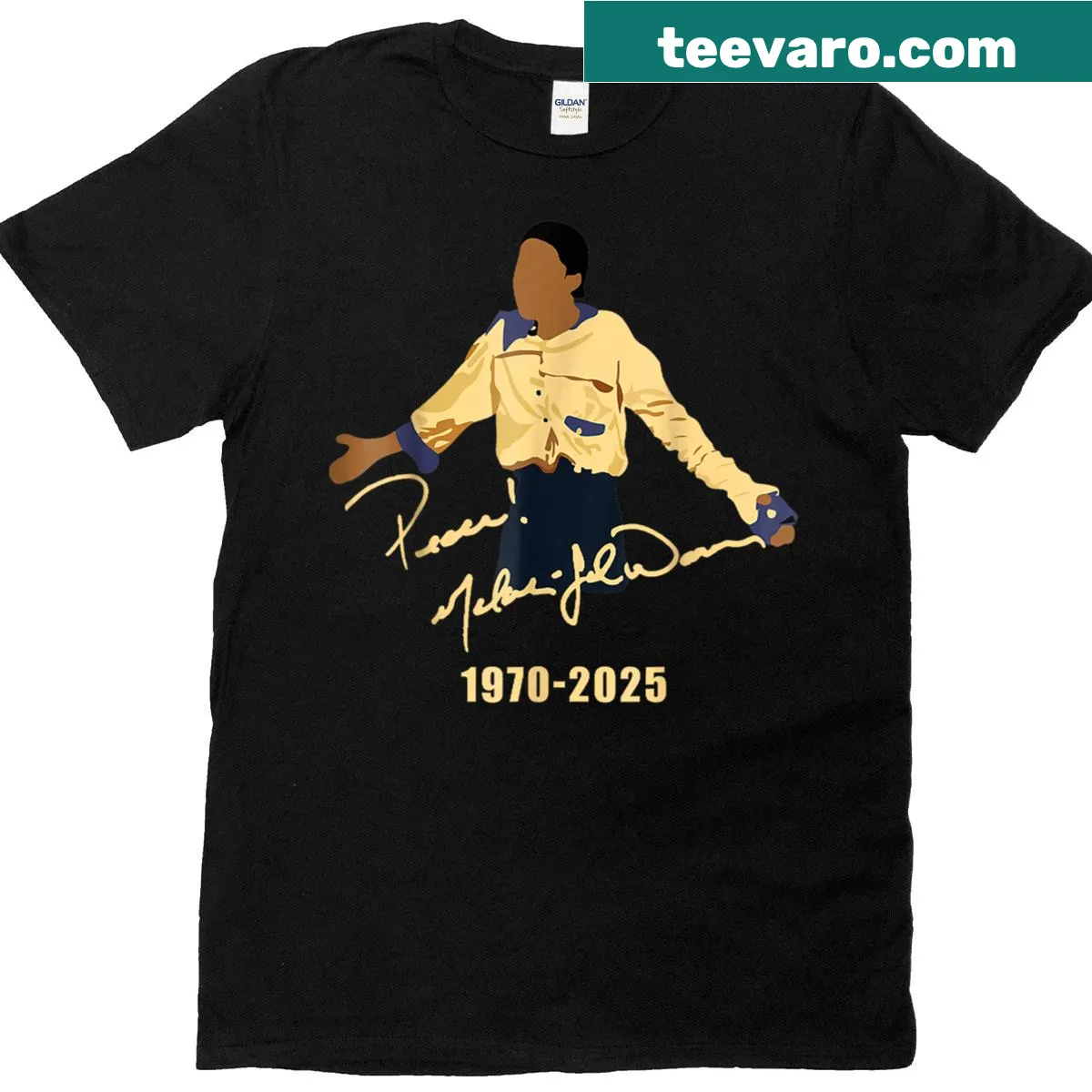 T-shirt honoring Theo Huxtable with the years 1970-202 — on a men's t-shirt