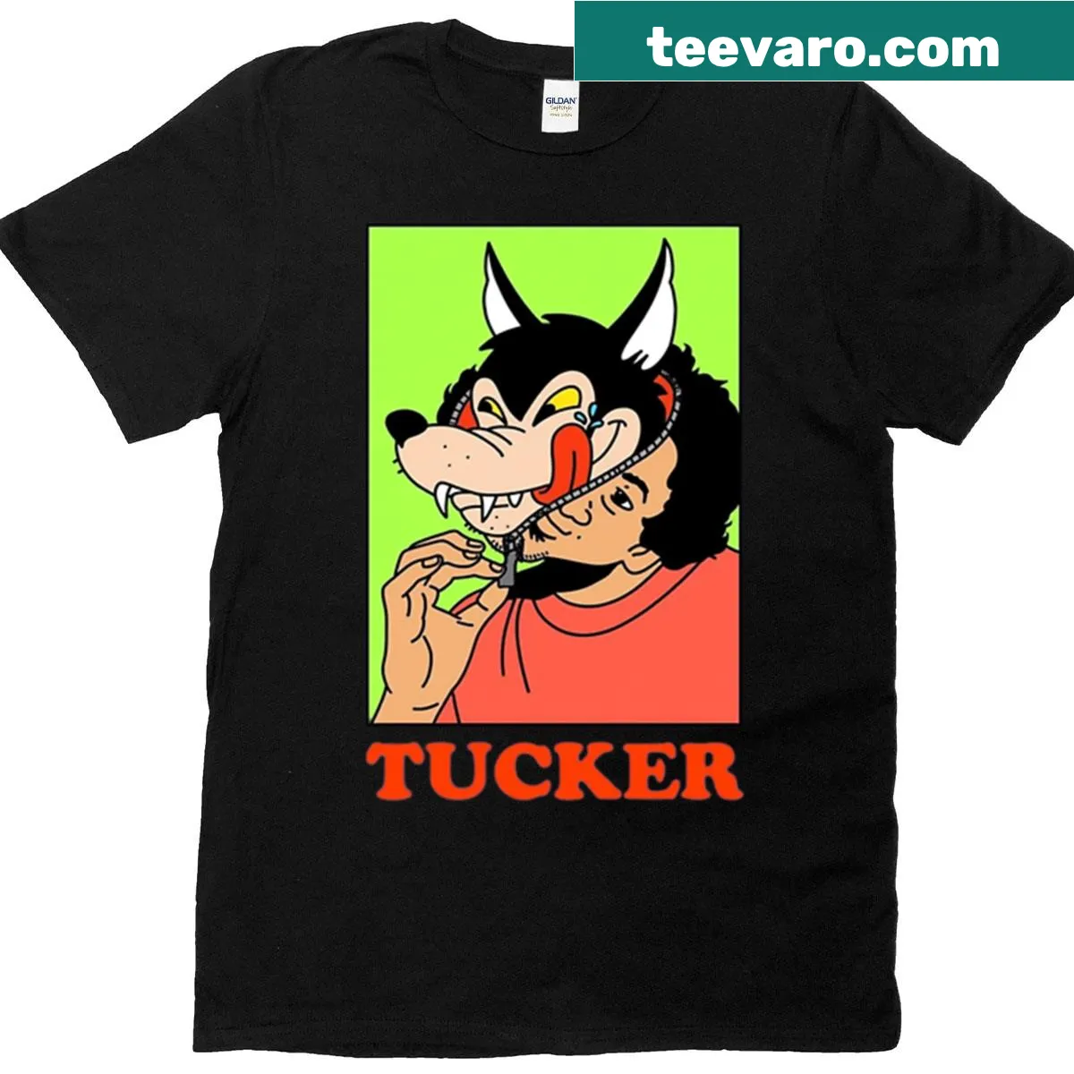 Cartoon of man unzipping wolf mask on a t-shirt — on a men's t-shirt