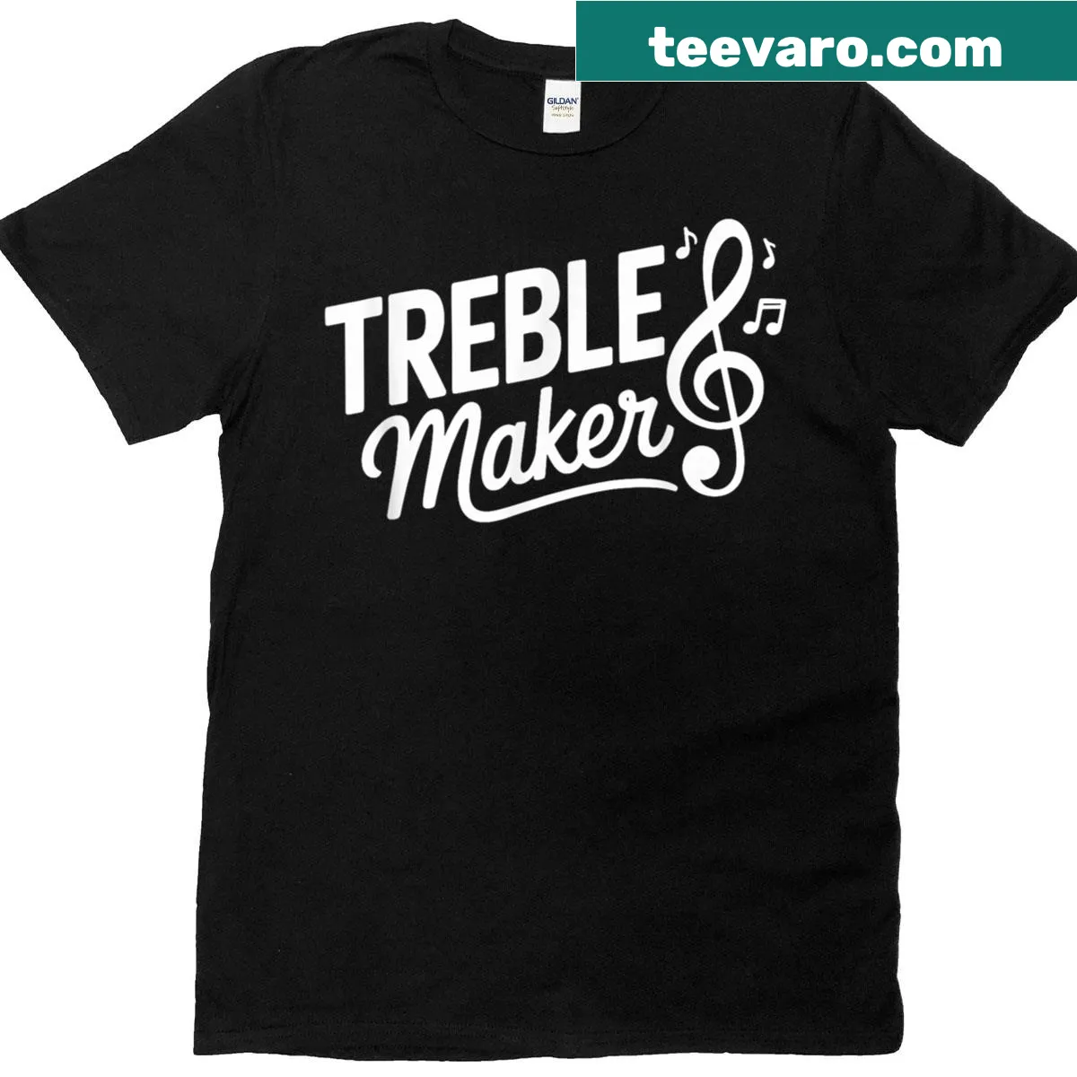 Funny Music Lover T-shirt with treble maker pun and musical notes — on a men's t-shirt