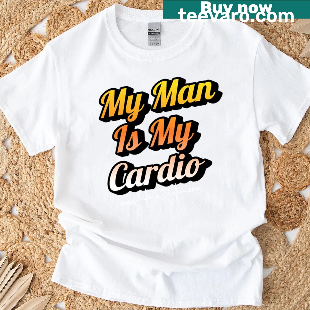 Cute fitness shirt stating 'My Man Is My Cardio' — on a men's t-shirt