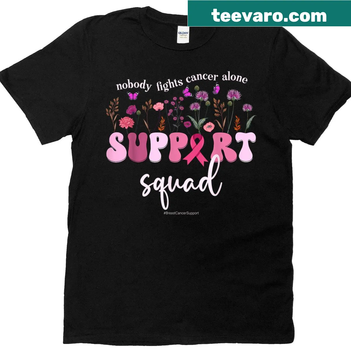 Support t-shirt with the message 'No One Fights Breast Cancer Alone' — on a men's t-shirt
