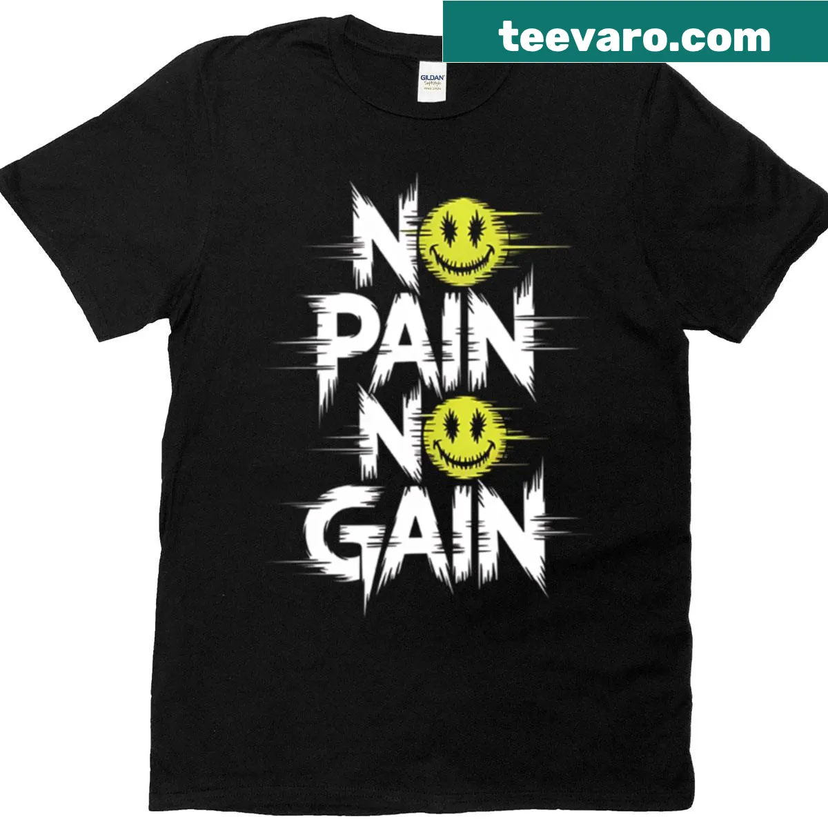Motivational gym t-shirt with the quote 'No Pain No Gain' and a smiley face — on a men's t-shirt