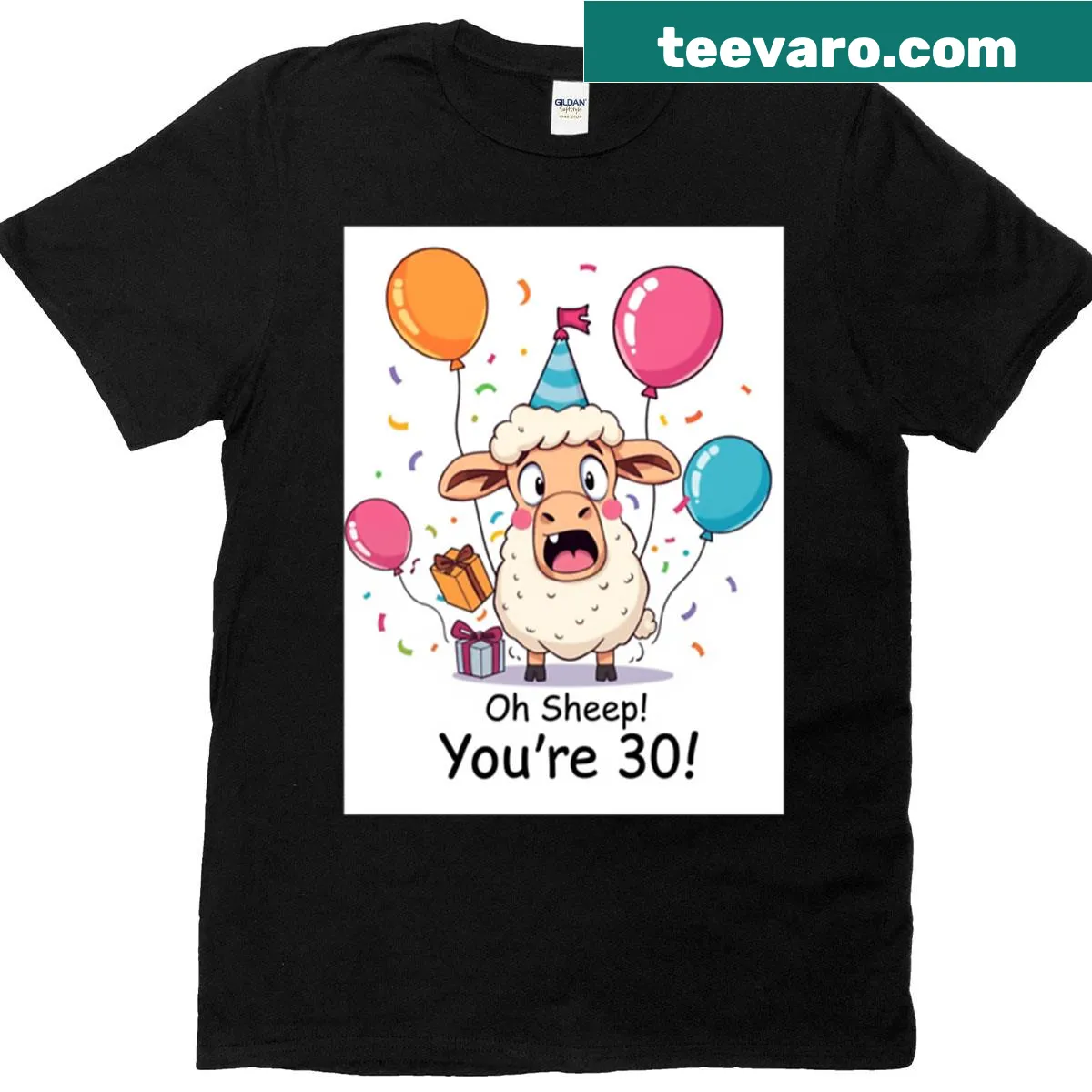 Oversized T-shirt with a cute sheep and balloons for a 30th birthday — on a men's t-shirt