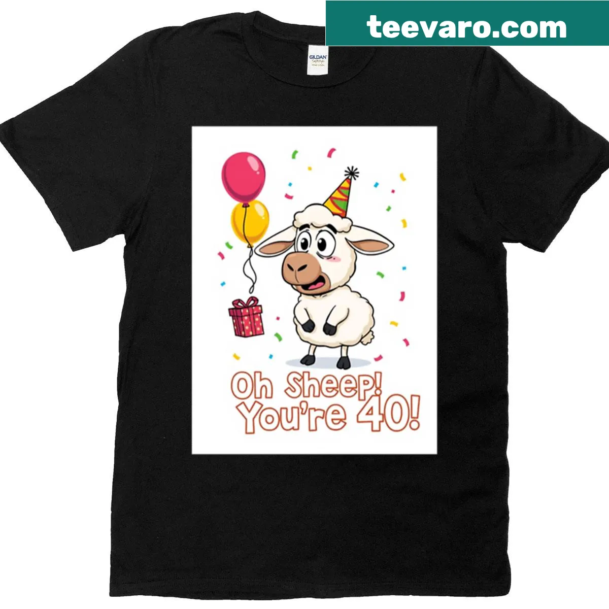 Kawaii cartoon sheep with balloons celebrating 40th birthday — on a men's t-shirt