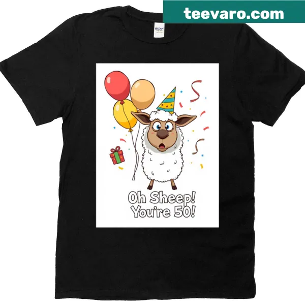 T-shirt featuring a cute sheep and balloons for a 50th birthday