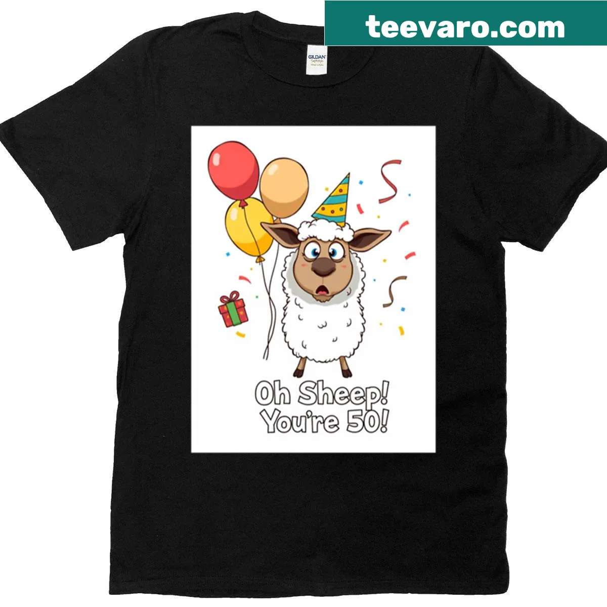 T-shirt featuring a cute sheep and balloons for a 50th birthday — on a men's t-shirt