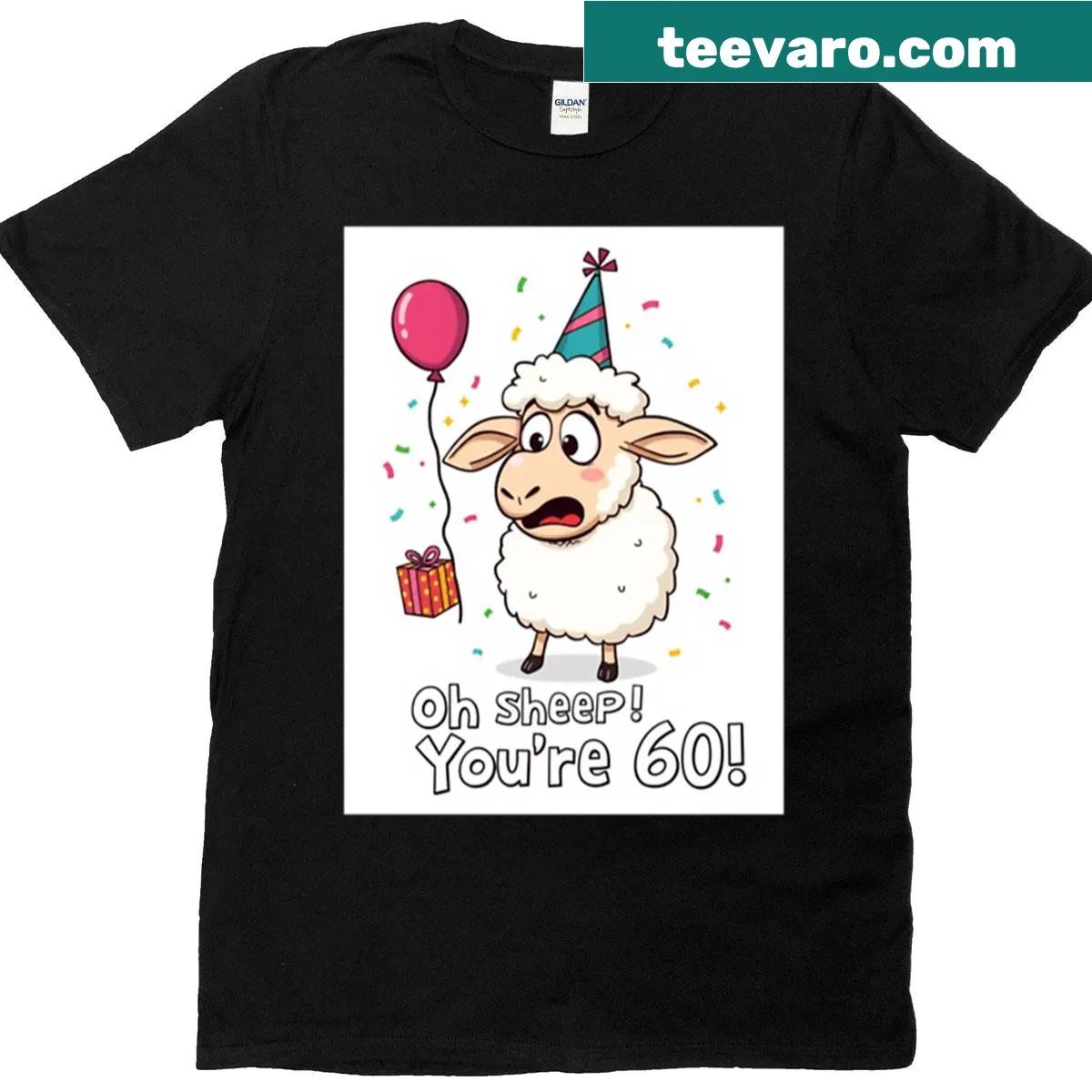 Cute T-shirt with sheep and balloons celebrating 60th birthday — on a men's t-shirt
