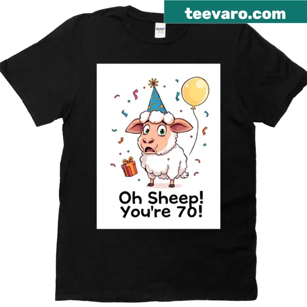 Kawaii 70th birthday T-shirt with balloons and cow characters