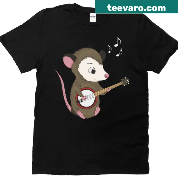 Illustration of an opossum playing a banjo on a T-shirt