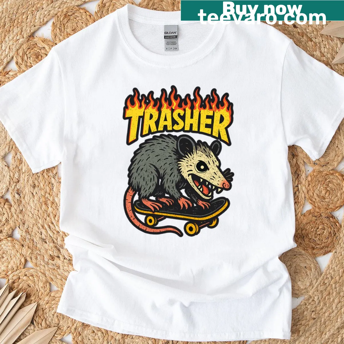 Cartoon opossum on skateboard with 'Trasher' text on t-shirt — on a men's t-shirt