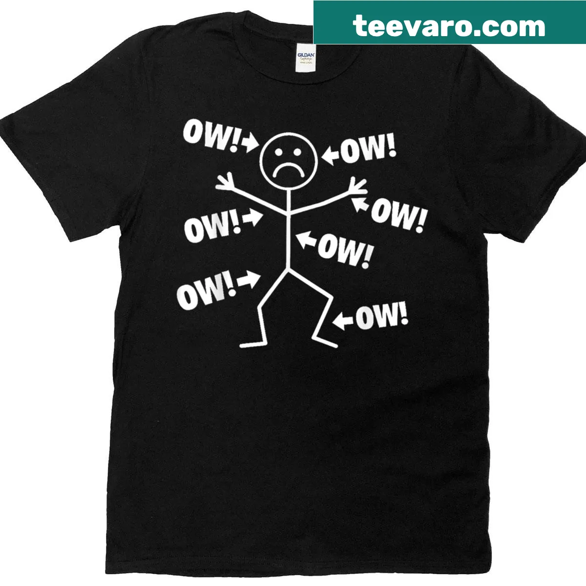 Cartoon character T-shirt with Ow Ow Ow phrase — on a men's t-shirt
