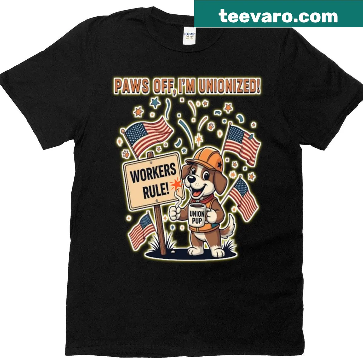 Oversized T-shirt with unionized dog-themed quote for Labor Day — on a men's t-shirt