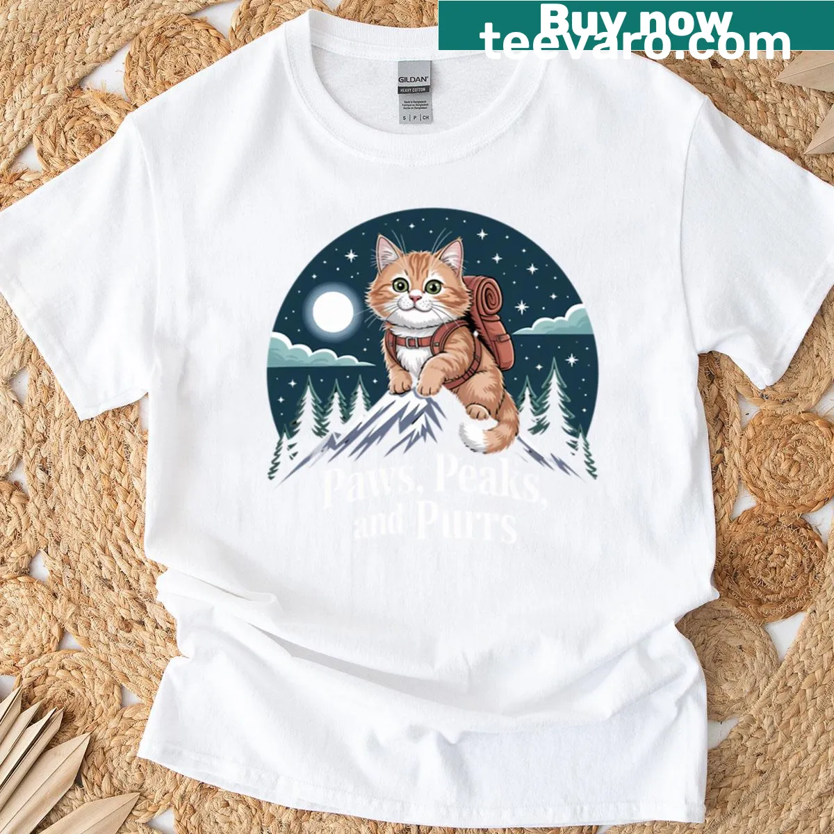 Cute hiking-themed shirt with cats and nature illustrations — on a men's t-shirt