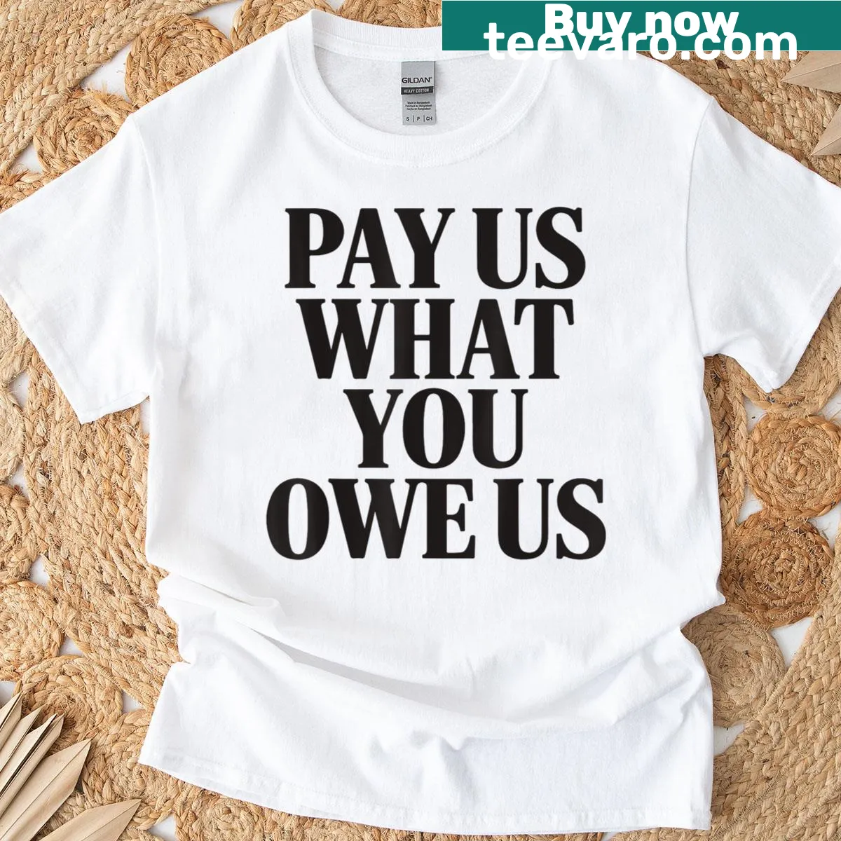 Shirt displaying 'Pay Us What You Owe Us Quote' for equality — on a men's t-shirt