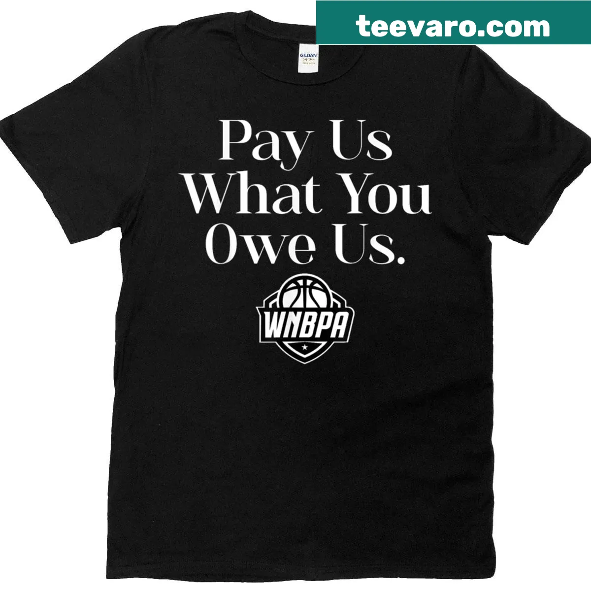Support women's sports T-shirt with the phrase 'Pay Us What You Owe Us' in bold text — on a men's t-shirt