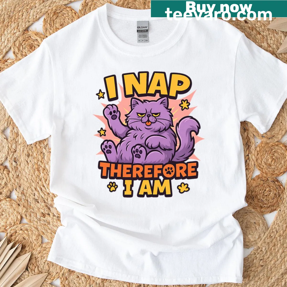 Cartoon-style t-shirt featuring a Persian cat taking a power nap — on a men's t-shirt