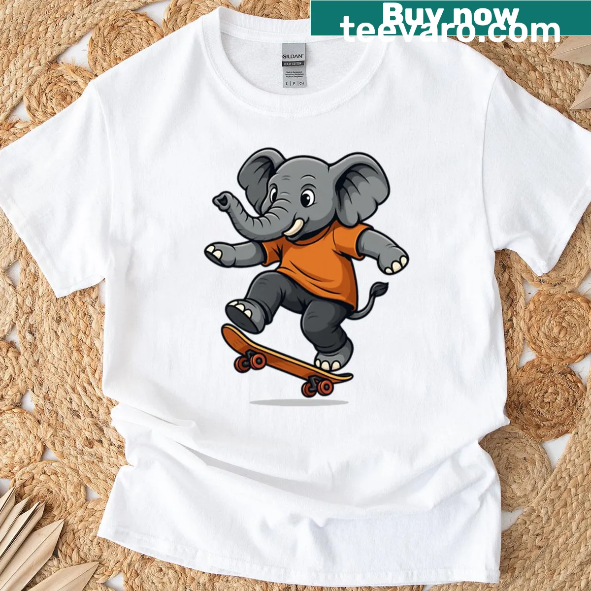 Cartoon elephant skating performing a trick on a t-shirt — on a men's t-shirt
