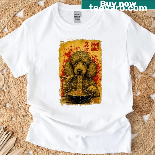 Cute T-shirt of a poodle eating ramen