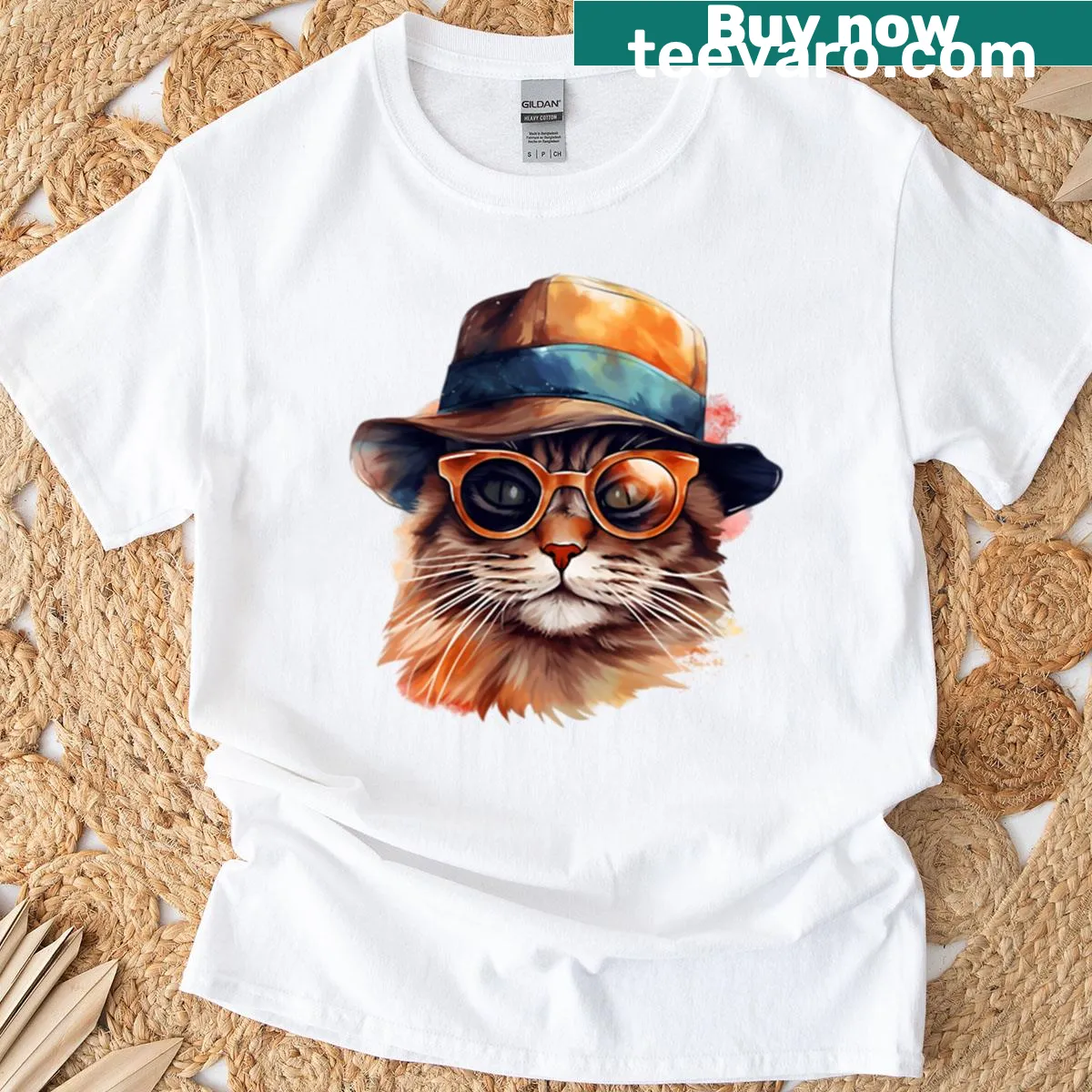 Cute cartoon cat with sunglasses and orange hat design — on a men's t-shirt