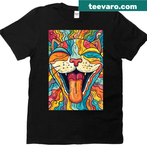 Whimsical psychedelic cat graphic t-shirt