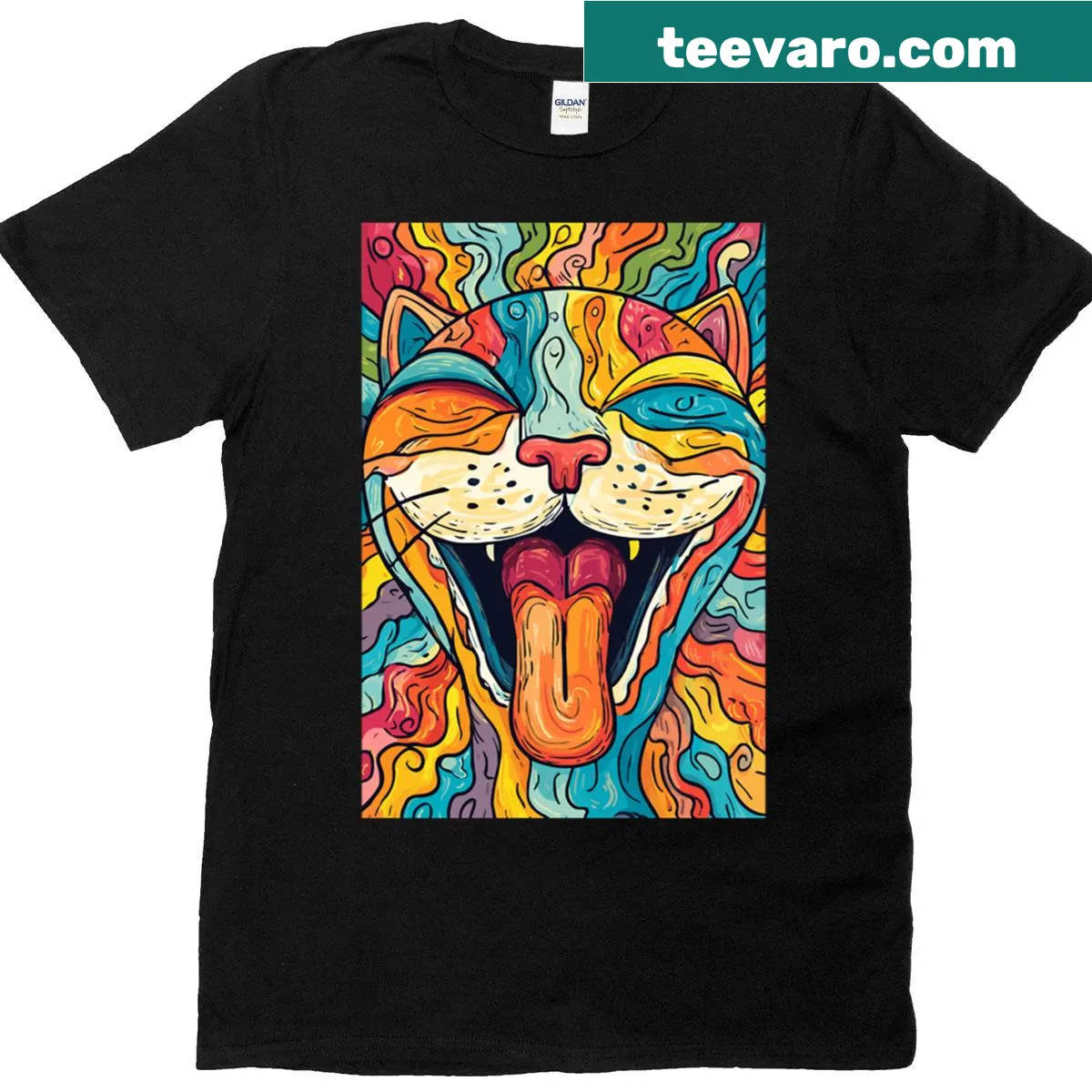 Whimsical psychedelic cat graphic t-shirt — on a men's t-shirt
