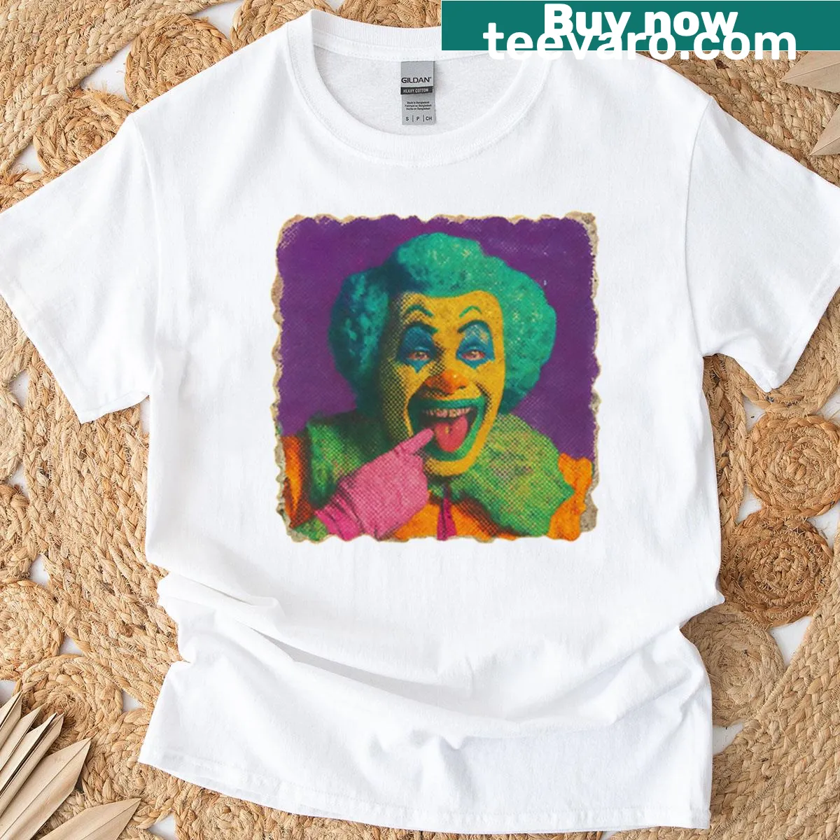 Oversized T-shirt featuring a trippy vintage clown with green hair and a smile — on a men's t-shirt