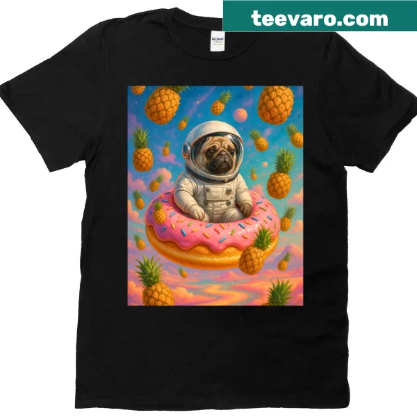 Whimsical pug astronaut in a donut spaceship graphic on oversized tee