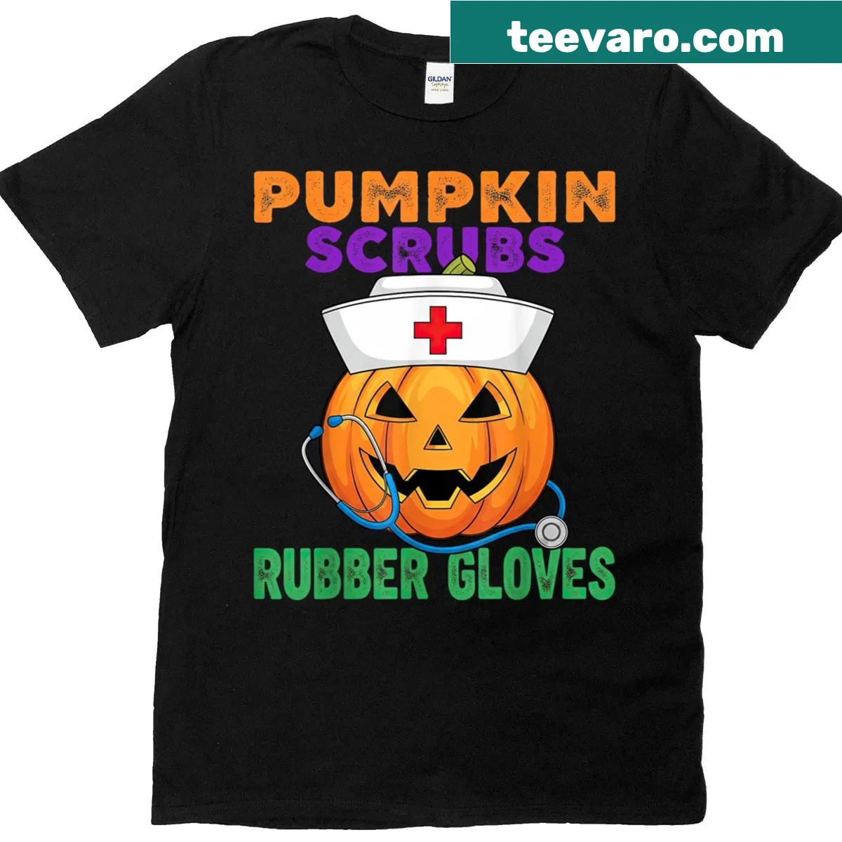 Humorous Halloween T-shirt with pumpkin scrubs and rubber gloves graphic — on a men's t-shirt