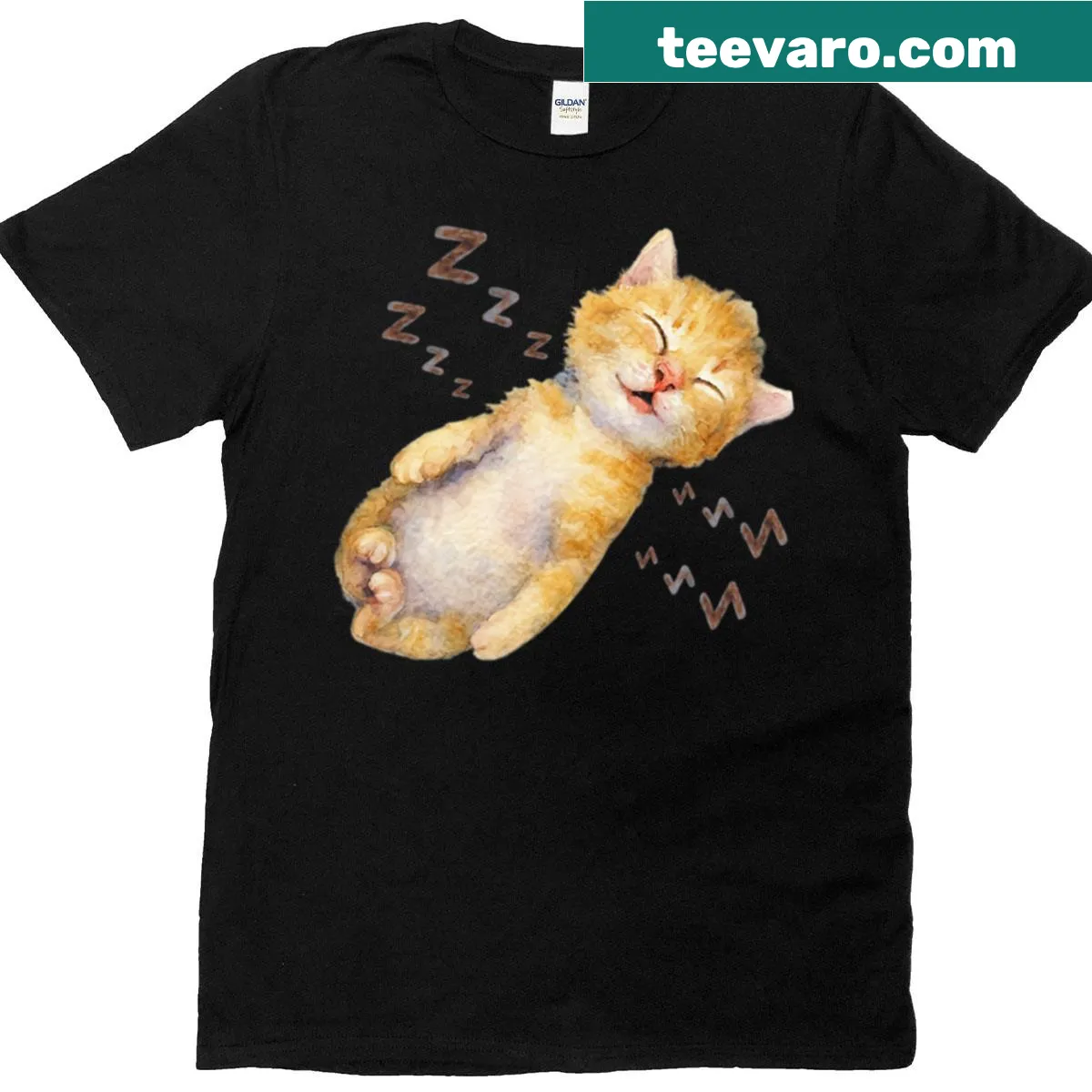 Watercolor kitten graphic with a quote about sleep on oversized tee — on a men's t-shirt
