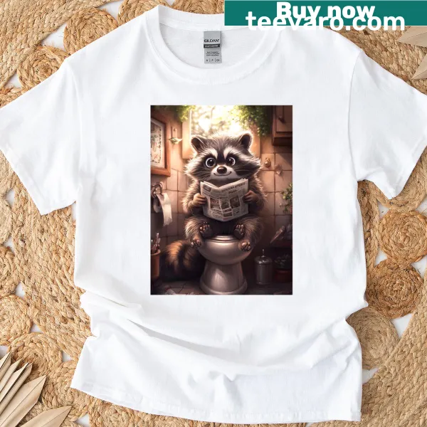 T-shirt featuring a raccoon in a rustic bathroom setting