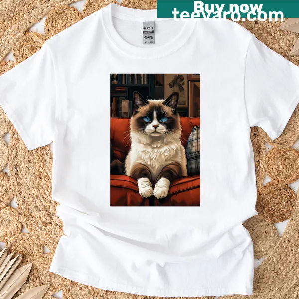 Illustrated Ragdoll cat on a red couch graphic t-shirt