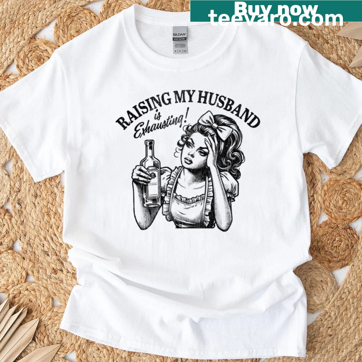 Humorous text 'Raising My Husband Is Exhausting' on T-shirt — on a men's t-shirt
