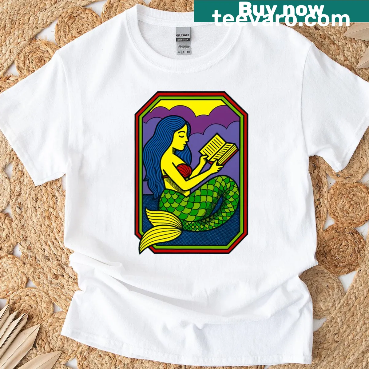 Mermaid reading in ocean art on a T-shirt — on a men's t-shirt