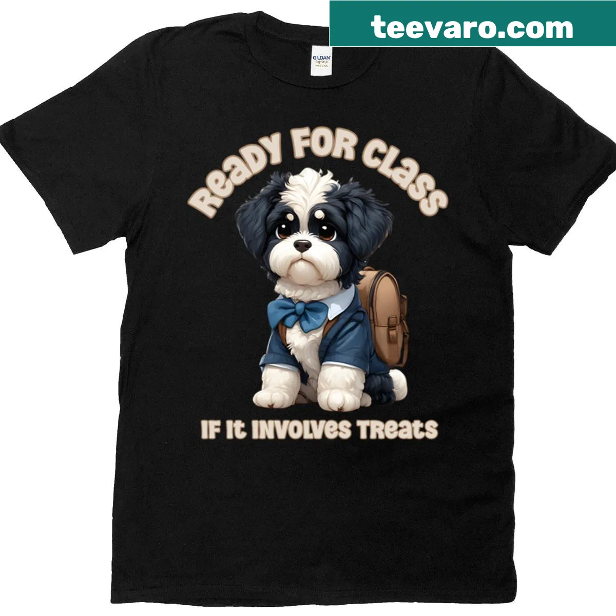 Funny T-shirt with dog design and text about treats for class — on a men's t-shirt
