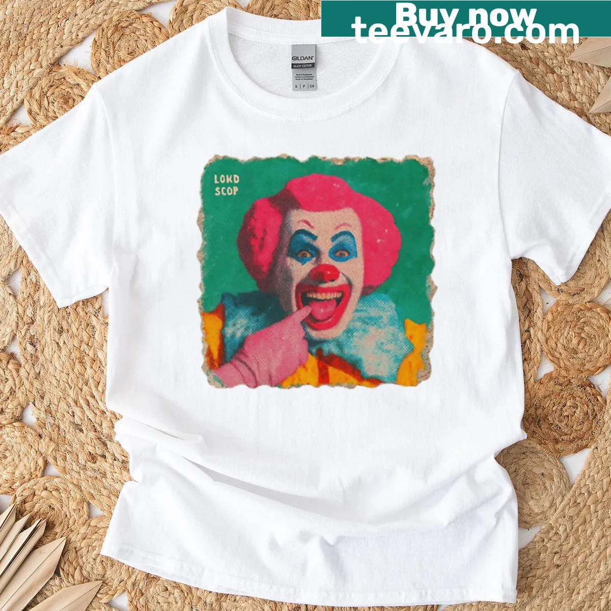 Playful pop art clown t-shirt with a smiling design — on a men's t-shirt