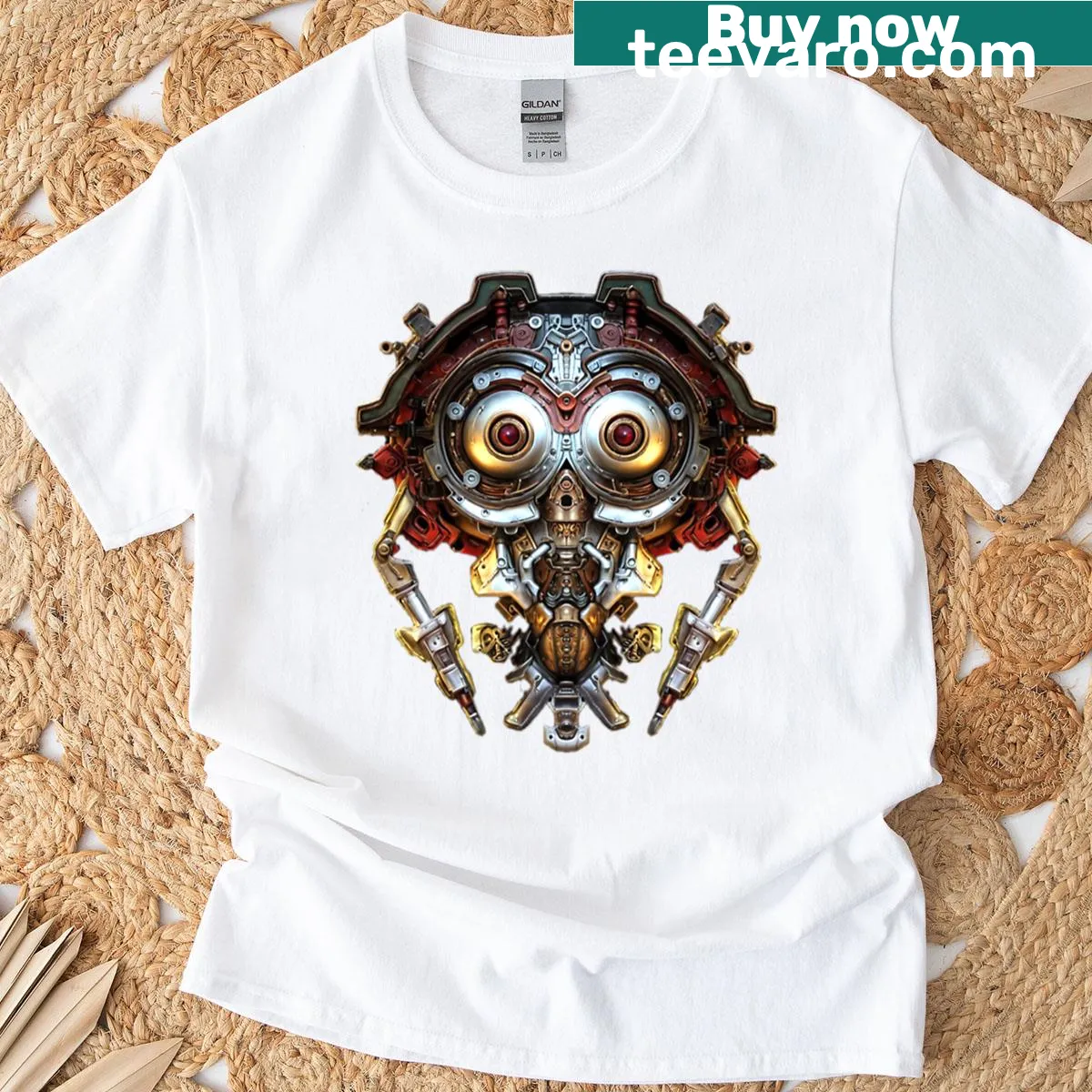 Oversized T-shirt with steampunk robot drone illustration — on a men's t-shirt