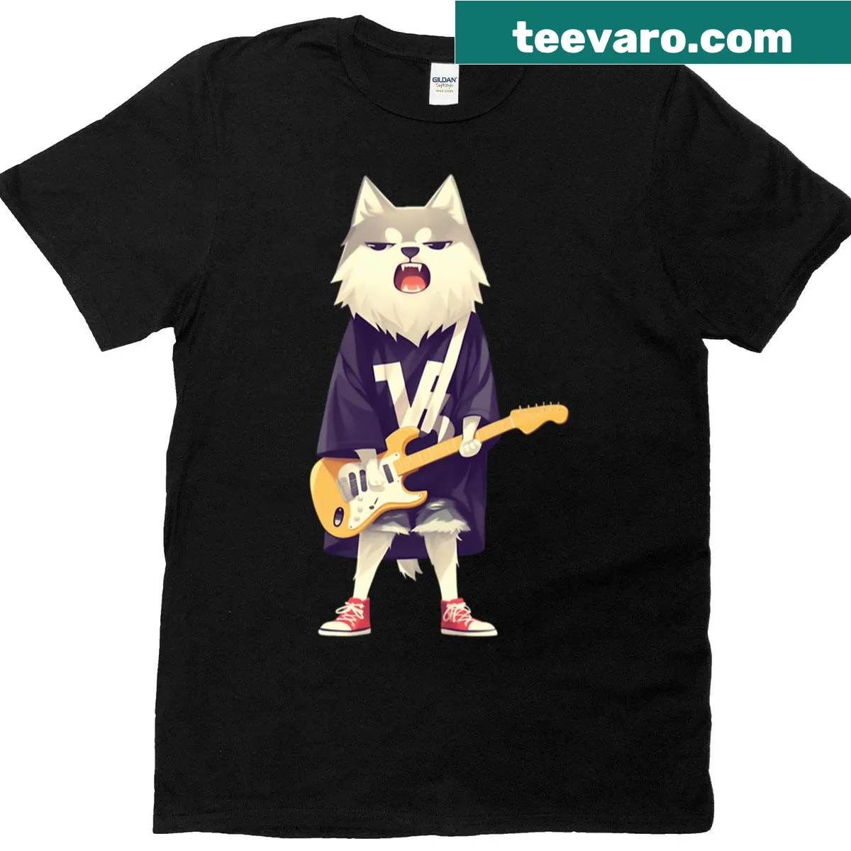 Cute husky playing guitar graphic t-shirt — on a men's t-shirt