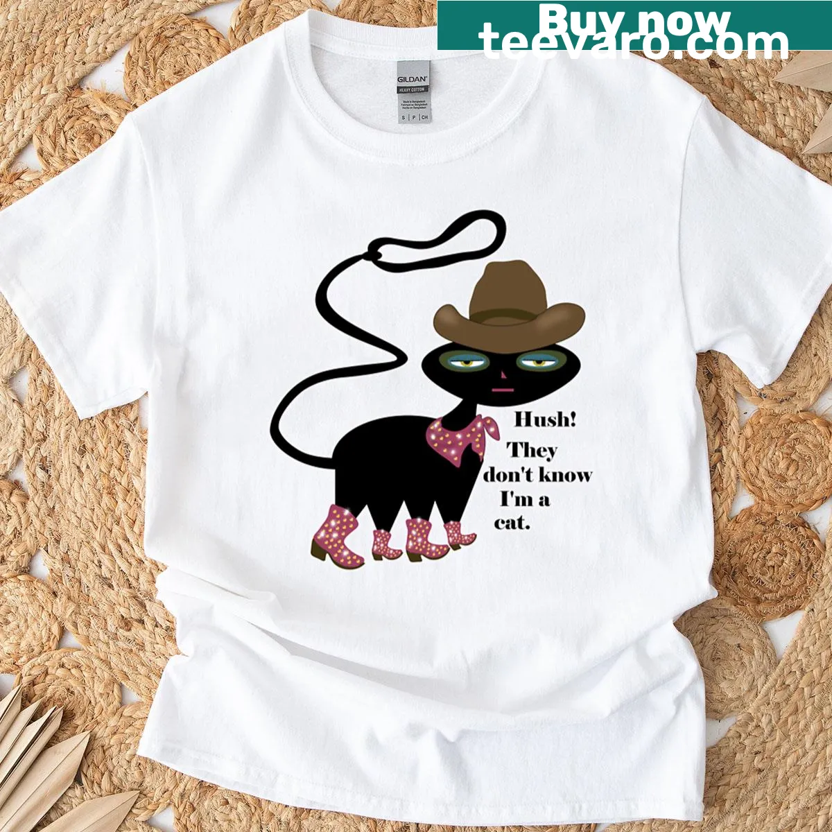 Cartoon cat in rodeo gear on a playful t-shirt — on a men's t-shirt