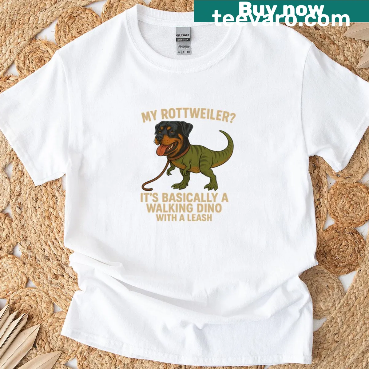 Cartoon Rottweiler styled as a walking dinosaur on a t-shirt — on a men's t-shirt