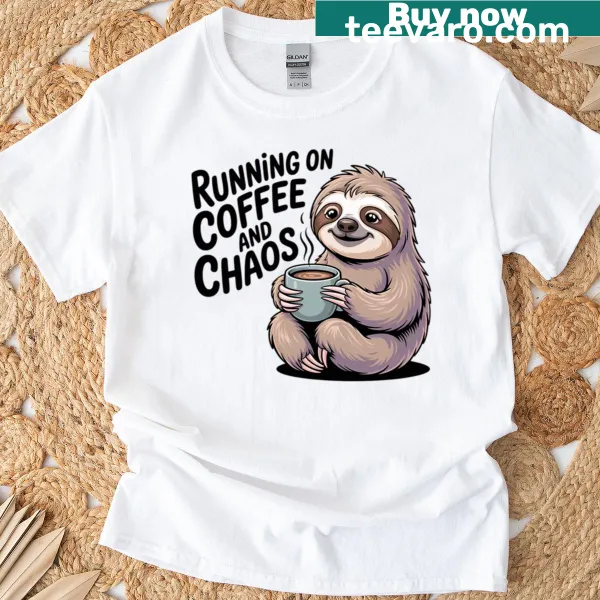 Cute sloth graphic with coffee theme on a fun t-shirt