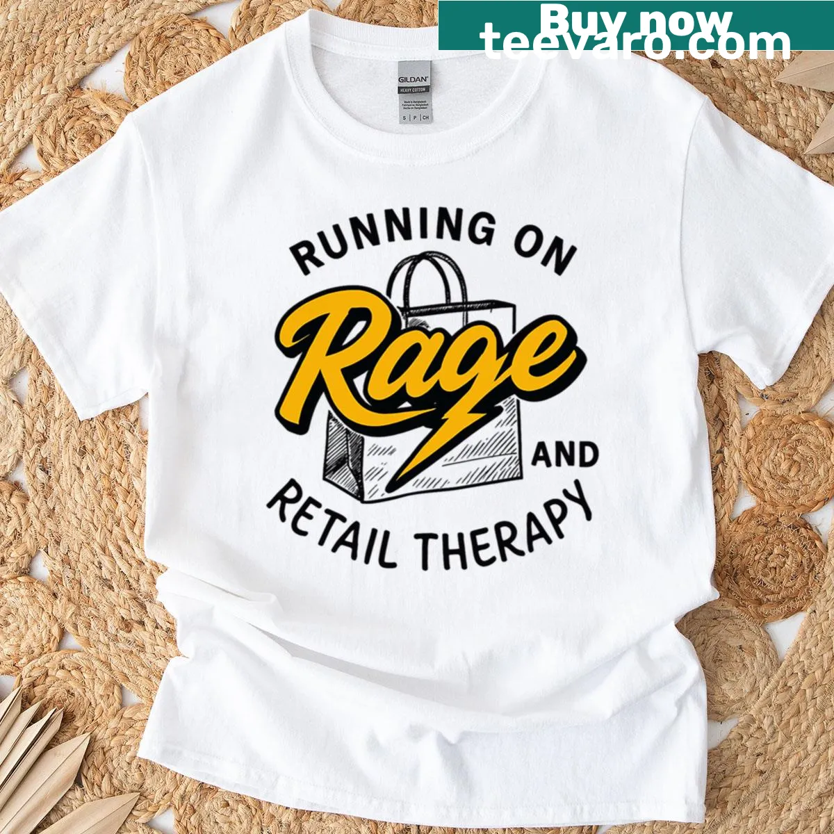 Bold sarcastic quote t-shirt about rage and retail therapy — on a men's t-shirt