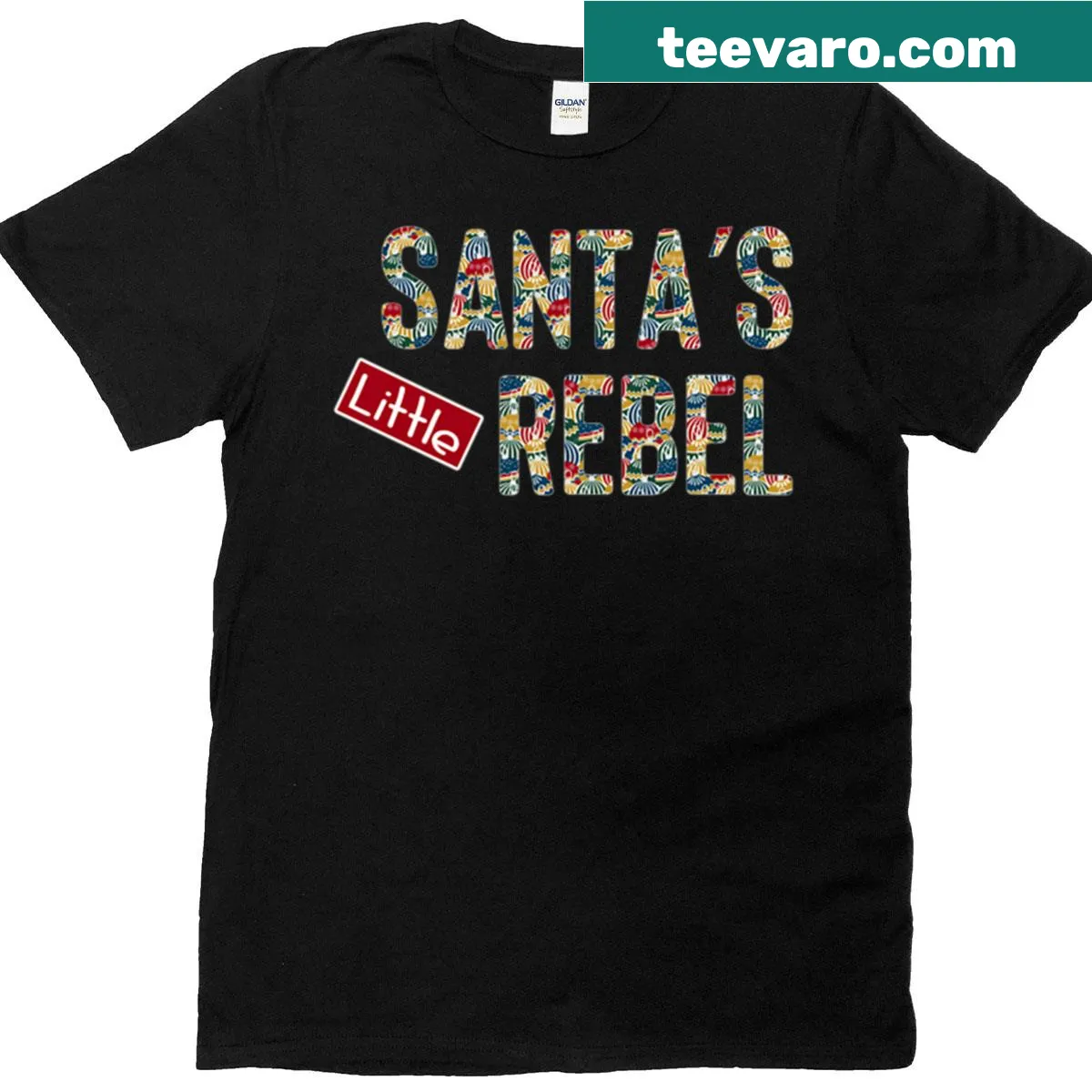 Funny Christmas shirt with edgy text Santa's Little Rebel — on a men's t-shirt